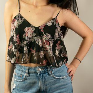 Black Sheer Floral Crop Tank Top